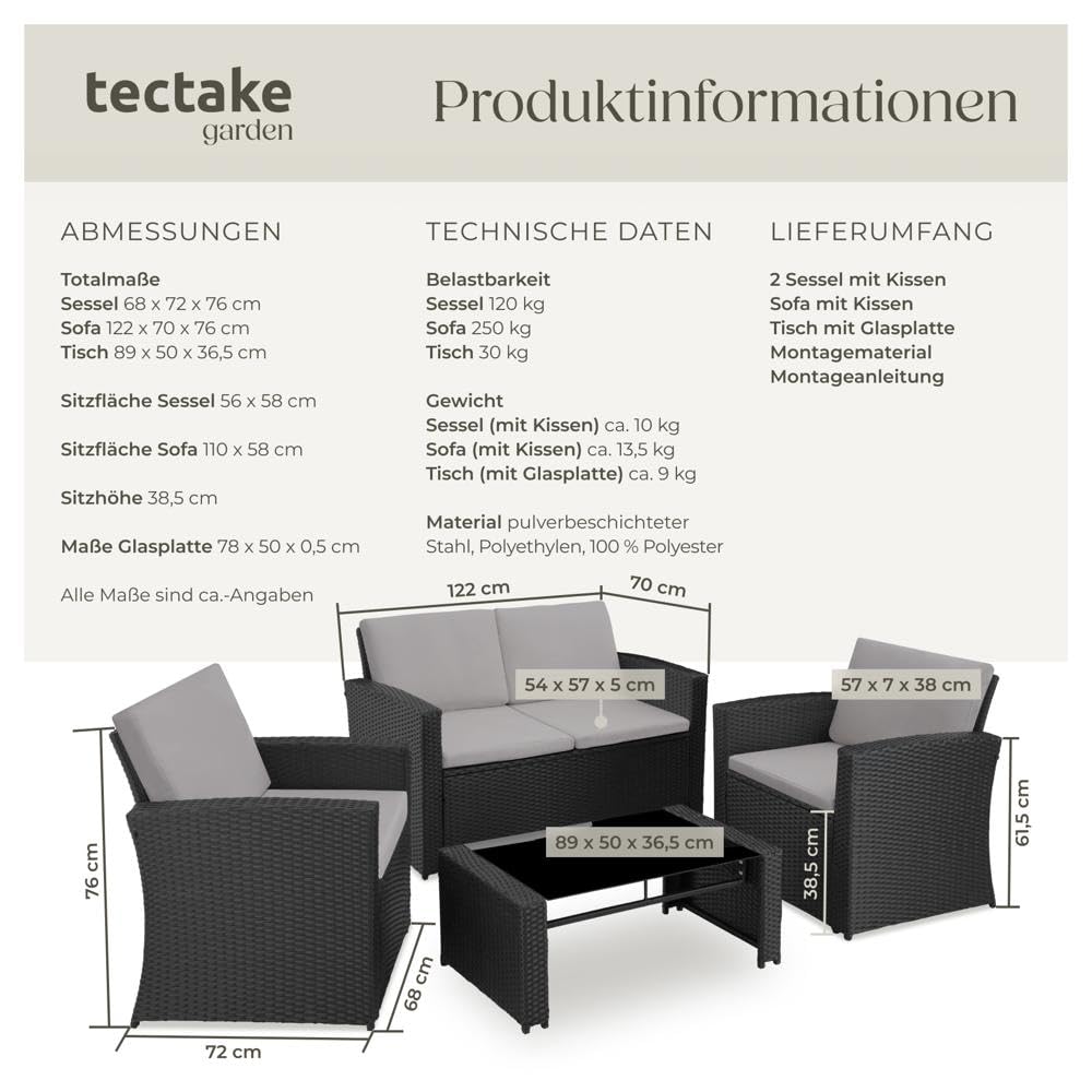 tectake Balkon Möbel Set 4 Personen Wetterfest Schwarz