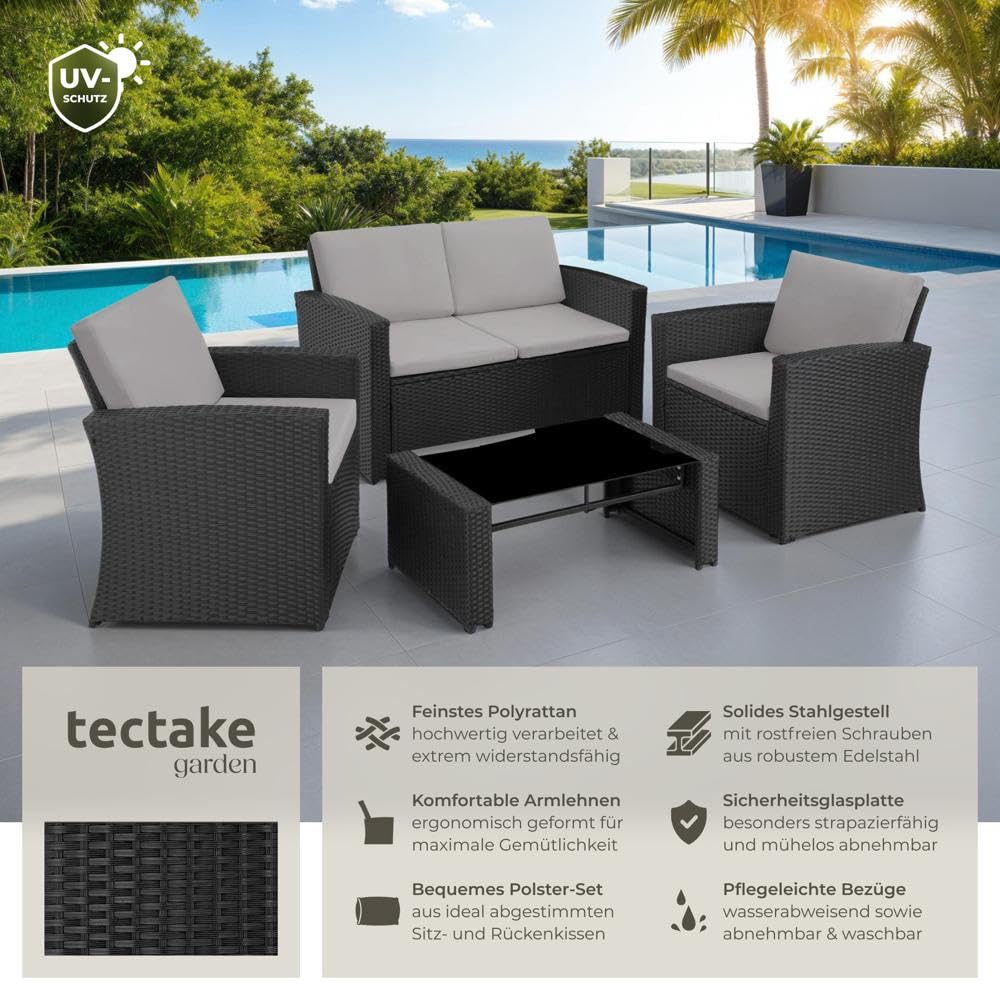 tectake Balkon Möbel Set 4 Personen Wetterfest Schwarz