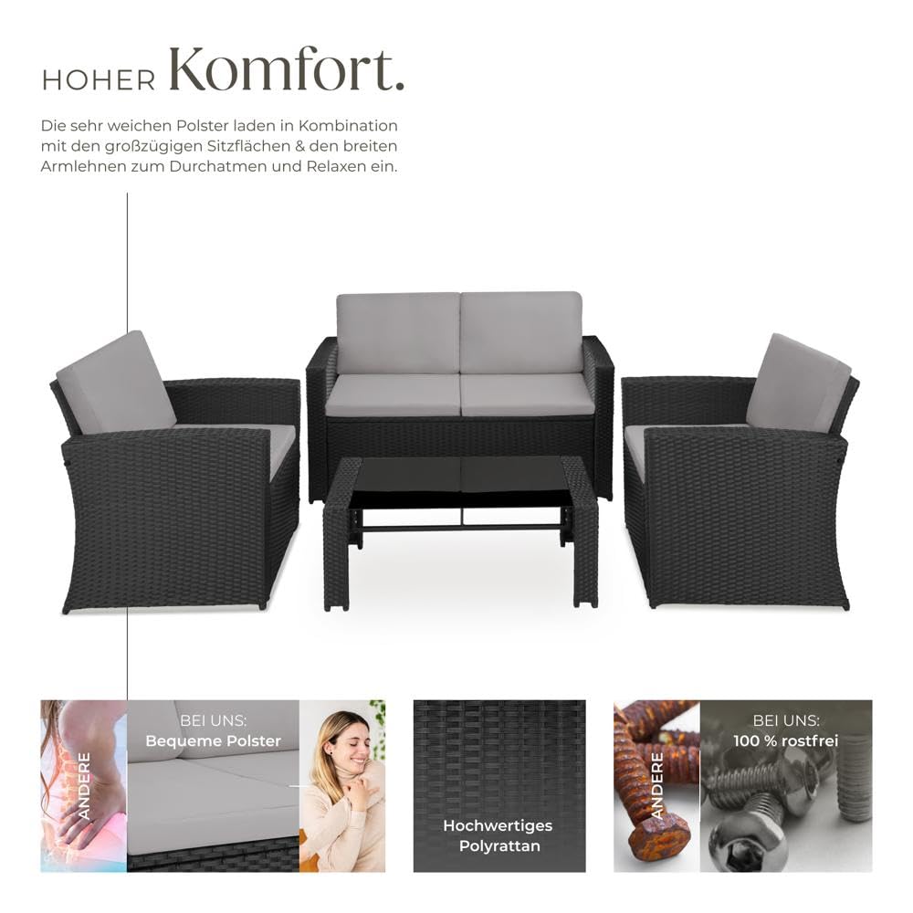tectake Balkon Möbel Set 4 Personen Wetterfest Schwarz
