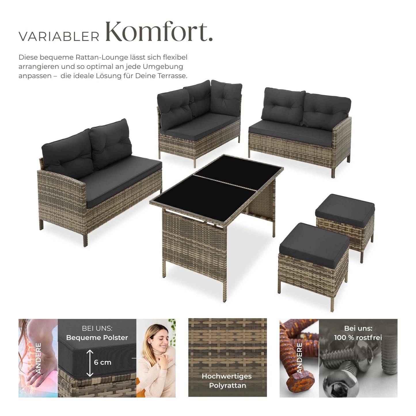 tectake Outdoor Lounge Set mit Kissen 5-teilig Natur