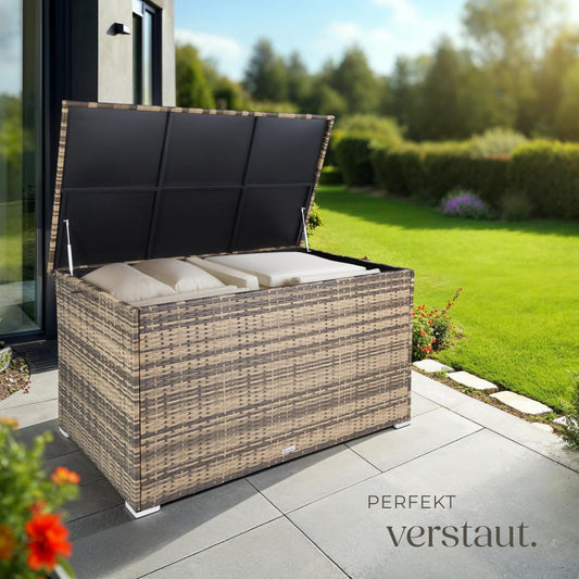 tectake Polyrattan Gartenkiste 750L mit Gasdruckfedern