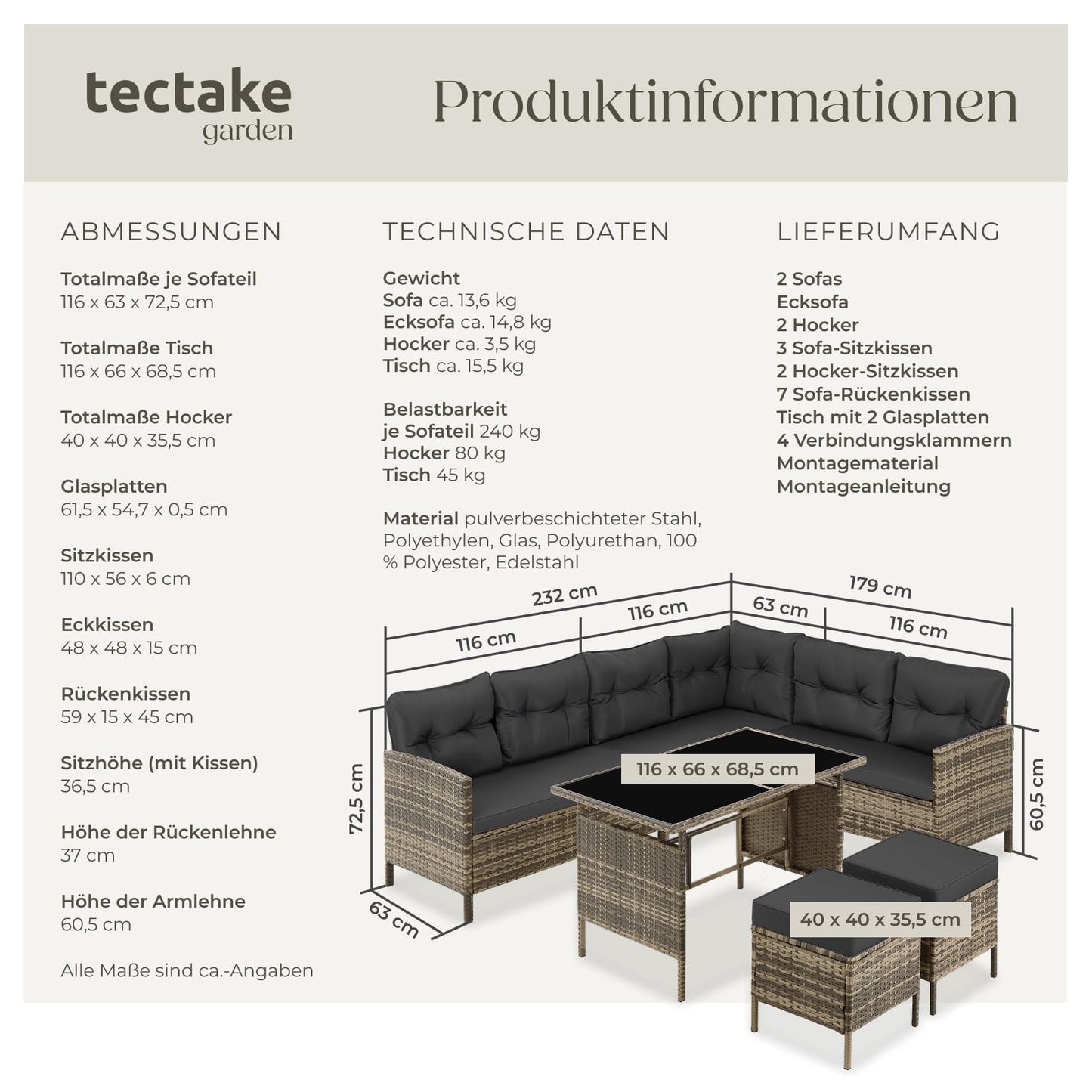 tectake Outdoor Lounge Set mit Kissen 5-teilig Natur