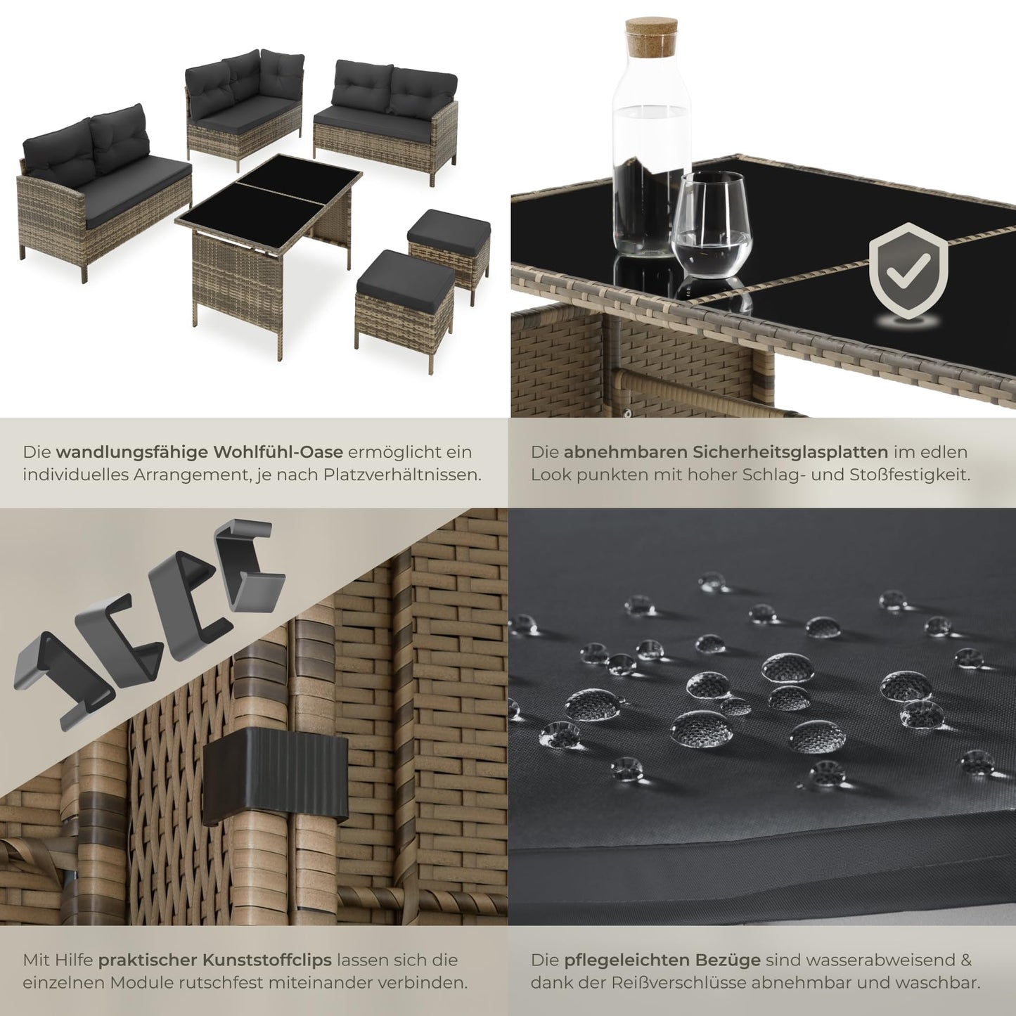 tectake Outdoor Lounge Set mit Kissen 5-teilig Natur