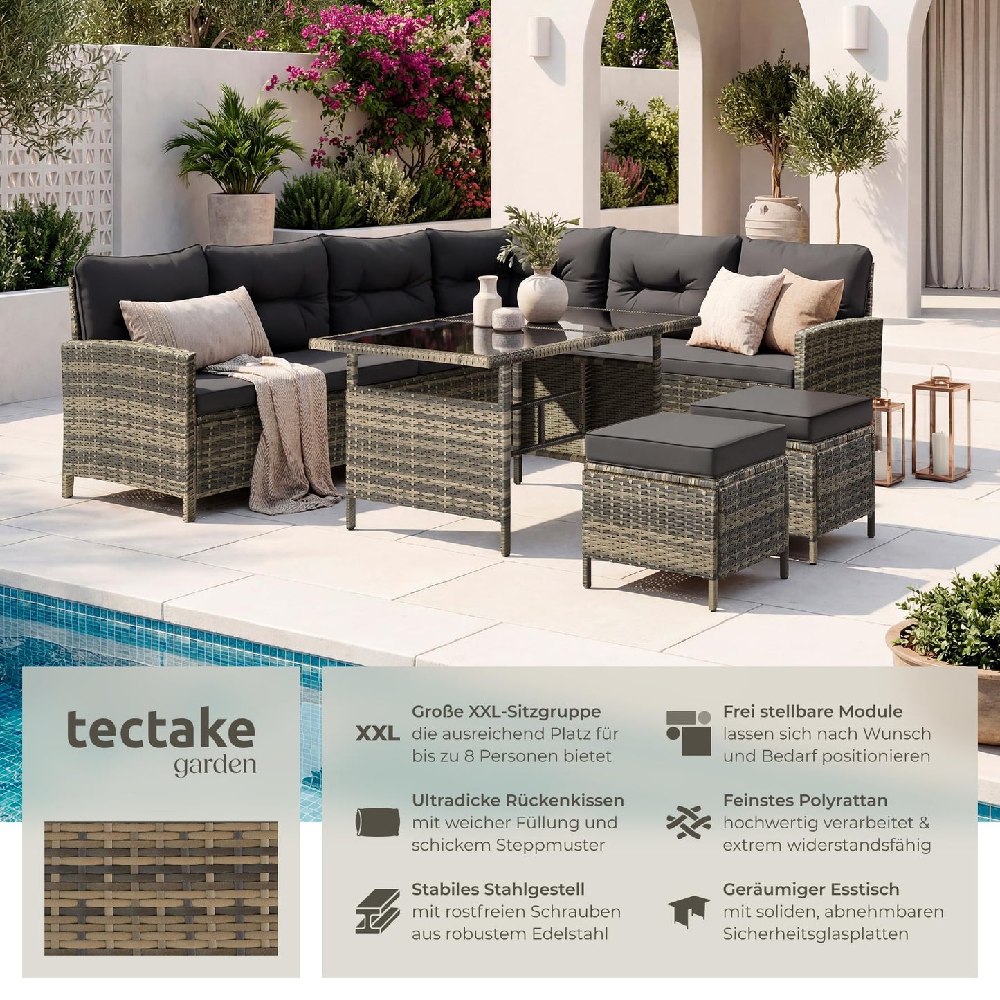 tectake Outdoor Lounge Set mit Kissen 5-teilig Natur