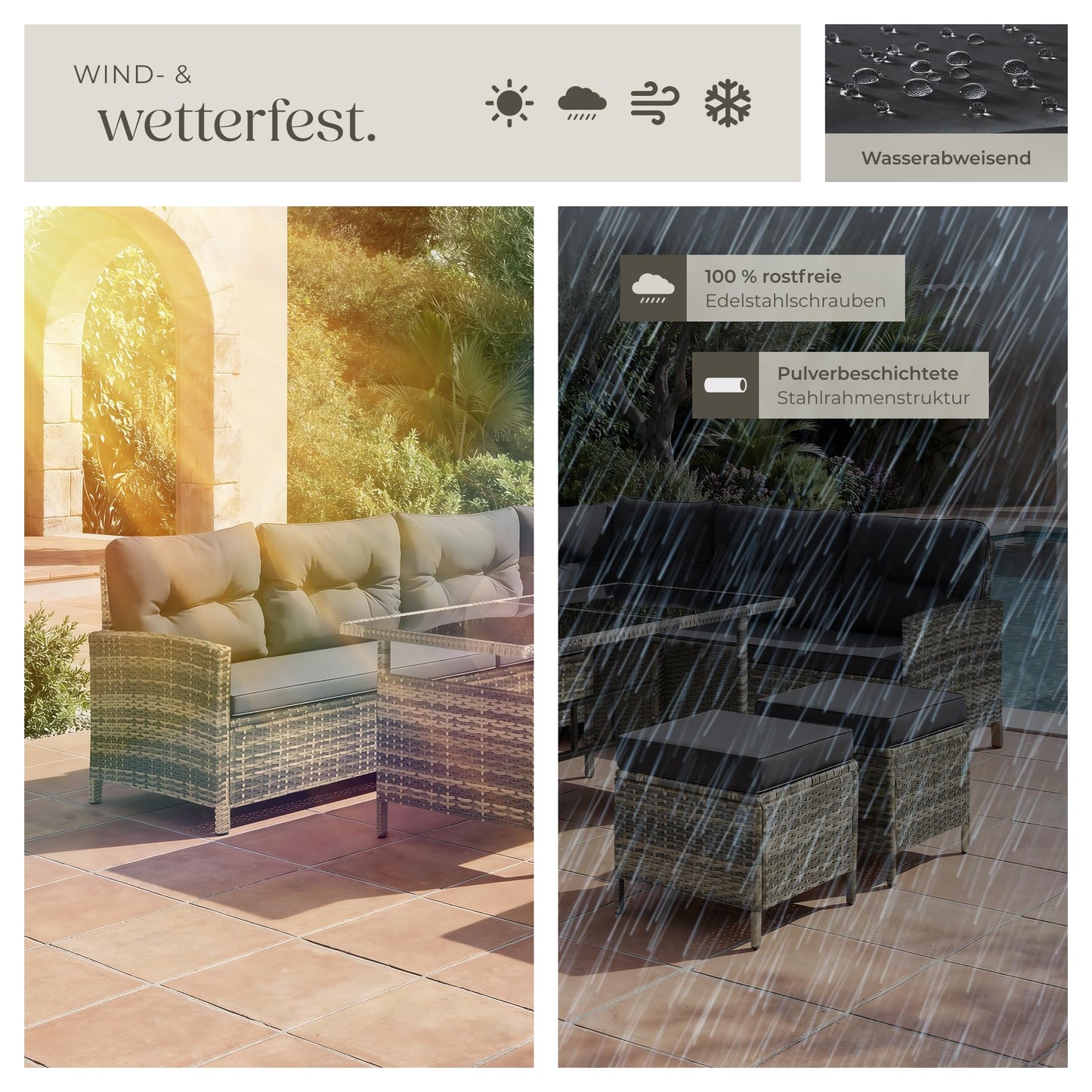 tectake Outdoor Lounge Set mit Kissen 5-teilig Natur