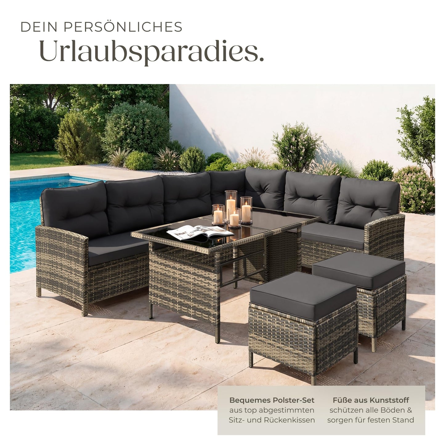 tectake Outdoor Lounge Set mit Kissen 5-teilig Natur